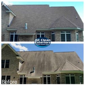 before and after of an asphalt roof cleaning which was soft washed in Colts Neck, NJ