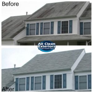 before and after of an asphalt roof cleaning which was soft washed in Tinton Falls, NJ