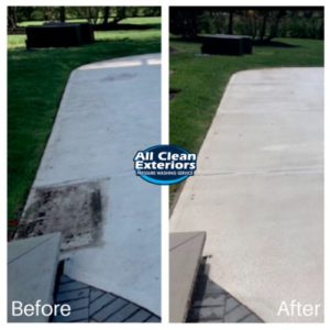 before and after power washing of painted concrete patio