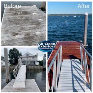 before and after power washing of a wooden dock in Monmouth County, NJ