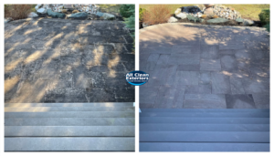 Hot water power washing of stone patio in Monmouth county, nj